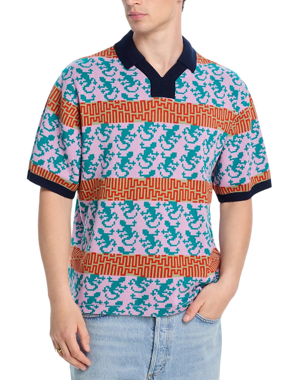 Pleasures Gecko Jacquard Polo Shirt Mens L Jacquard Knit Regular Fit Sweater